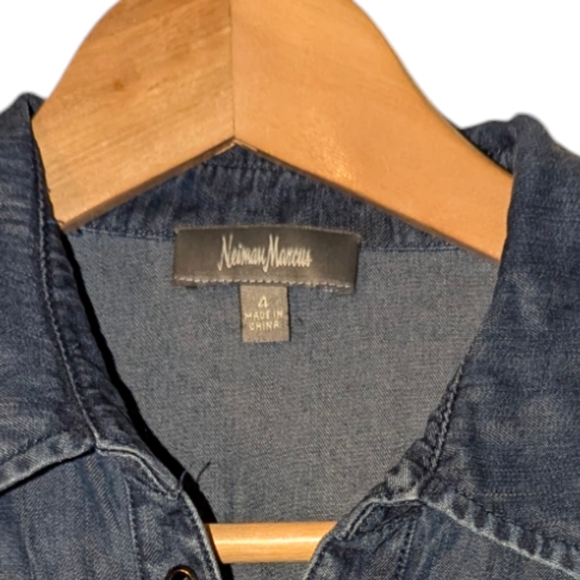 Neiman Marcus Lace Up Pull Tab Sleeve Tencel Collared Denim Chambray Mini Dress - Picture 8 of 8